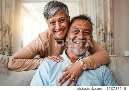 Mature couple, portrait and happy marriage on home sofa with care, happiness and love. Senior man and woman relax and laughing together on a couch with commitment, support and wellness in retirement Mature couple, portrait and happy marriage on home sofa with care, happiness and love. Senior man and woman relax and laughing together on a couch with commitment, support and wellness in retirement 138788246