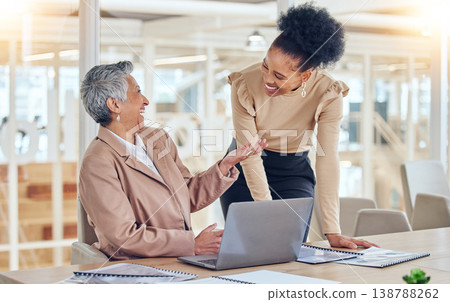 Business people, laptop and happy support, advice or teamwork, collaboration and funny marketing meme. Manager, clients or professional woman on computer for online project and coworking meeting 138788262