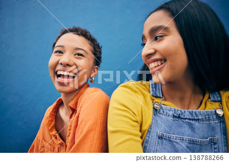 Relax, friends and smile with women on wall background for teenager, youth and happy. Student, happiness and gen z with face of young girls in urban city for social, fashion and freedom together 138788266