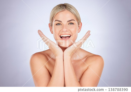 Skincare, wow and happy woman portrait in studio surprised by glowing skin, results or treatment on grey background. Beauty, smile and lady face model surprised by cosmetic, dermatology or self love Skincare, wow and happy woman portrait in studio surprised by glowing skin, results or treatment on grey background. Beauty, smile and lady face model surprised by cosmetic, dermatology or self love 138788390