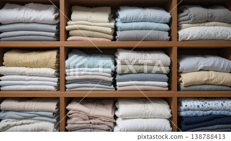 Neatly Arranged Shelves Filled With Folded Clothes in Soft Colors in a Storage Space 138788413