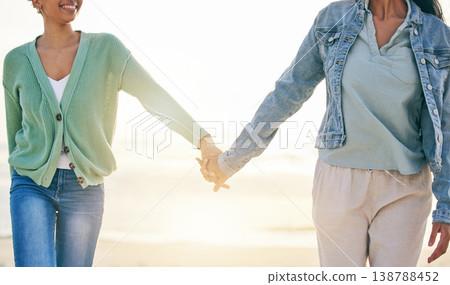 Love, beach and lesbian couple on holding hands on sunset holiday adventure, date or quality time together. Lgbt women, bonding and relax on ocean vacation with romance, pride and happy in nature. Love, beach and lesbian couple on holding hands on sunset holiday adventure, date or quality time together. Lgbt women, bonding and relax on ocean vacation with romance, pride and happy in nature. 138788452