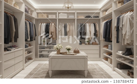 Modern Closet Design With Organized Clothing and Stylish Decor in Spacious Room Setting 138788472