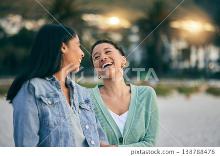 Laughing, friends or gay couple with outdoor for travel walk, pride or date in Miami. LGBTQ or lesbian women, friends or people together for freedom, funny conversation or commitment to happy partner 138788478