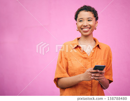 Smile, search and space with woman and phone for network, social media and communication. Contact, post and technology with person on pink background for gen z, notification and mobile app mockup Smile, search and space with woman and phone for network, social media and communication. Contact, post and technology with person on pink background for gen z, notification and mobile app mockup 138788480