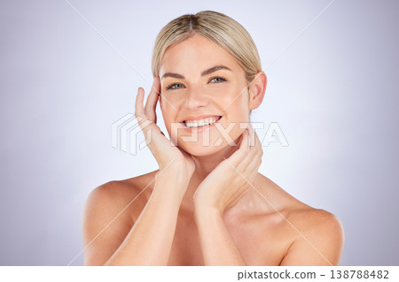 Beauty, portrait or happy woman touch soft collagen skin, check skincare glow or facial cosmetic routine. Studio face, anti aging happiness or person smile for makeup foundation on white background 138788482