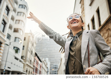 Happy woman in city, travel and stop taxi, commute to work with buildings, professional and transportation outdoor. Corporate female person in urban street, business clothes and journey to workplace Happy woman in city, travel and stop taxi, commute to work with buildings, professional and transportation outdoor. Corporate female person in urban street, business clothes and journey to workplace 138788526