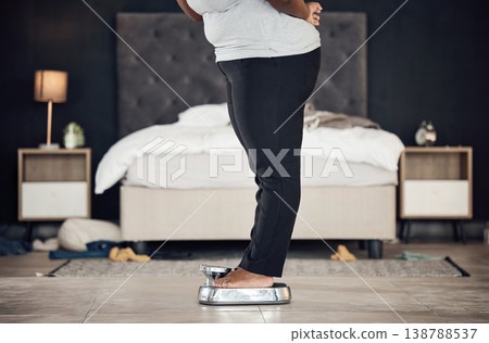 Legs, scale and weightloss with a person the bedroom of their home for health, fitness or body wellness. Diet, measure and progress with a plus size adult weighing to track the results of a workout Legs, scale and weightloss with a person the bedroom of their home for health, fitness or body wellness. Diet, measure and progress with a plus size adult weighing to track the results of a workout 138788537