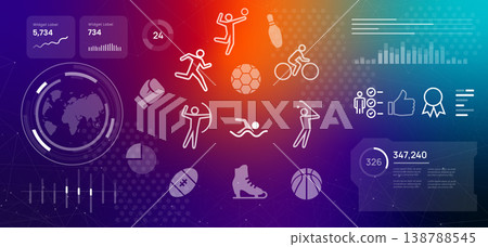 sports science and data analytics athlete icons and digital infographic performance charts for professional training and fitness statistics global sports technology industry 138788545