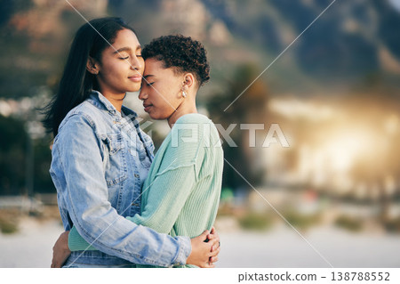 Women hug, lesbian and couple with peace and love, pride with gen z youth and romance outdoor. Female people together, gay relationship and lgbt with date, partner and trust with embrace and support Women hug, lesbian and couple with peace and love, pride with gen z youth and romance outdoor. Female people together, gay relationship and lgbt with date, partner and trust with embrace and support 138788552