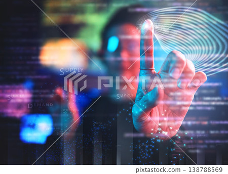 Hand, hacker and cybersecurity, hologram button and choice of malware login, futuristic technology and privacy. Data protection overlay, dashboard and programmer for virtual reality code on ar screen Hand, hacker and cybersecurity, hologram button and choice of malware login, futuristic technology and privacy. Data protection overlay, dashboard and programmer for virtual reality code on ar screen 138788569