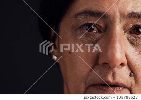 Old woman, face and mental health, crying with depression and crisis, abuse isolated on black background. Sad, loss and anxiety with depressed female person, problem in life and grief in a studio Old woman, face and mental health, crying with depression and crisis, abuse isolated on black background. Sad, loss and anxiety with depressed female person, problem in life and grief in a studio 138788628