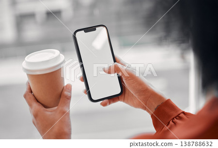Woman hands, phone screen and coffee for social media, online planning and Web 3.0 ui or ux design space. Business person with creative blog, inspiration and contact or communication marketing 138788632