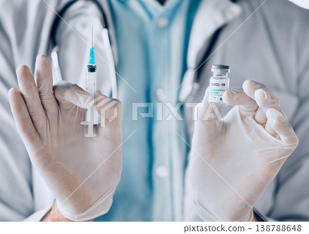 Covid, vaccine and hands of doctor with healthcare, pharmacy innovation and medical breakthrough. Vaccination, compliance and health expert person with vial and syringe for corona, treatment and cure Covid, vaccine and hands of doctor with healthcare, pharmacy innovation and medical breakthrough. Vaccination, compliance and health expert person with vial and syringe for corona, treatment and cure 138788648