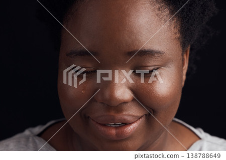 Crying, sad and a black woman on a studio background with depression, fear or mental health. Studio, face and an African girl or person with tears, frustrated or fail from a mistake on a backdrop 138788649