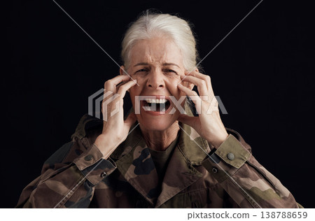 Soldier portrait, scream and senior woman with PTSD trauma, mental health or anxiety from military service. Army crisis, survivors guilt and studio face of elderly person stress on black background 138788659
