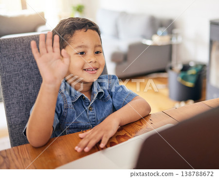 Happy boy, laptop and waving in video call for elearning, education or virtual classroom introduction at home. Face of child, student or kindergarten greeting on computer for online learning in house Happy boy, laptop and waving in video call for elearning, education or virtual classroom introduction at home. Face of child, student or kindergarten greeting on computer for online learning in house 138788672