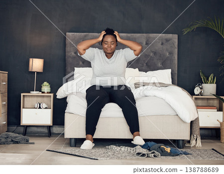 Insomnia, depression and black woman in bedroom at night with anxiety, headache and stress at home. Mental health, tired and sad female person with pain for problem, anger and morning fatigue on bed Insomnia, depression and black woman in bedroom at night with anxiety, headache and stress at home. Mental health, tired and sad female person with pain for problem, anger and morning fatigue on bed 138788689