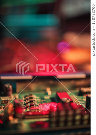 Computer motherboard, closeup and manufacturing with microchip, mockup space and it development in lab. Information technology, circuit board and electronics for programming, hardware and system 138788700