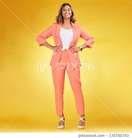 Fashion, portrait and a corporate woman on a studio background with a consultant smile. Happy, business and a young, stylish and corporate employee with confidence in sales or business career Fashion, portrait and a corporate woman on a studio background with a consultant smile. Happy, business and a young, stylish and corporate employee with confidence in sales or business career 138788703