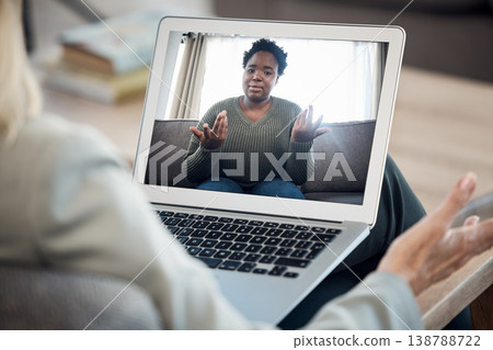 Woman, video call and therapy on laptop screen for support, advice or helping with mental health in online meeting. Virtual psychologist or therapist talk to client or african person on computer Woman, video call and therapy on laptop screen for support, advice or helping with mental health in online meeting. Virtual psychologist or therapist talk to client or african person on computer 138788722