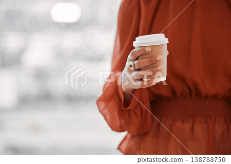 Business, woman hands or disposable coffee cup with mockup space in cafeteria of office. Closeup of worker with paper container for drinking takeaway espresso, cappuccino or latte beverage for energy 138788750