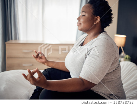 Yoga, lotus and meditation of black woman on bed for peace, mindfulness or exercise. Pilates, workout and person in bedroom for zen, relax and health of plus size body, wellness and fitness at home 138788752