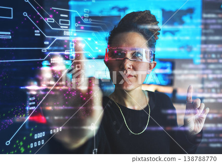 Woman with cybersecurity, hologram button and glasses with vr, futuristic technology and location privacy. Data protection overlay, iot dashboard and research programmer with virtual reality goggles. 138788770