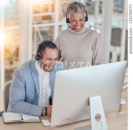 Training, happy man or senior manager in call center coaching telemarketing in customer services. Contact us, crm training or funny leader teaching an insurance agent on new job tasks on a computer Training, happy man or senior manager in call center coaching telemarketing in customer services. Contact us, crm training or funny leader teaching an insurance agent on new job tasks on a computer 138788771