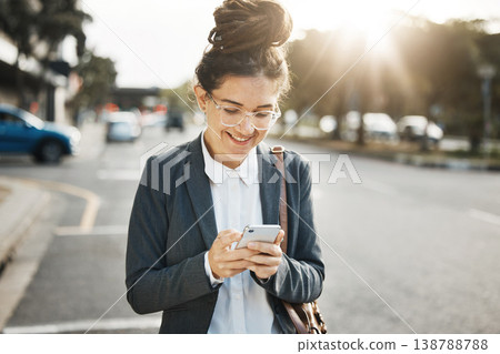 Professional, road and woman with smartphone, typing and internet connection, for social media, chat and email. Female person, travel or consultant with phone, happiness and sms with website info Professional, road and woman with smartphone, typing and internet connection, for social media, chat and email. Female person, travel or consultant with phone, happiness and sms with website info 138788788