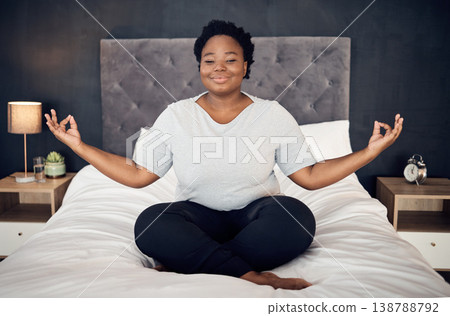 Yoga, lotus and portrait of black woman on bed for meditation, mindfulness or exercise. Pilates, workout or person in bedroom for zen, relax and plus size body for health, wellness or fitness at home Yoga, lotus and portrait of black woman on bed for meditation, mindfulness or exercise. Pilates, workout or person in bedroom for zen, relax and plus size body for health, wellness or fitness at home 138788792