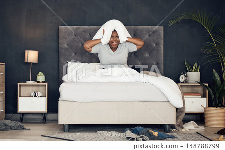 Pillow, bed and black woman frustrated with insomnia, depression or anxiety from broken heart or divorce. Crying, morning or angry person worried by stress, trauma or disaster of death or breakup 138788799