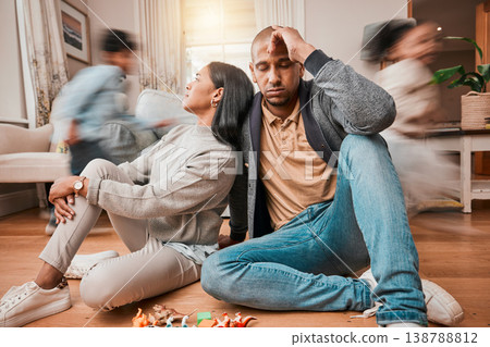 Family, adhd children and parents headache, stress and anxiety for autism management, energy fatigue or home noise. Tired mother and father on floor with chaos and hyper or fast, excited kids running Family, adhd children and parents headache, stress and anxiety for autism management, energy fatigue or home noise. Tired mother and father on floor with chaos and hyper or fast, excited kids running 138788812