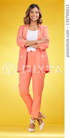 Confident, proud and portrait of business woman with smile for company isolated in studio yellow background. Fashion, corporate and young entrepreneur or employee happy for opportunity of startup 138788813
