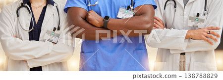 Doctors, healthcare and team with arms crossed in a hospital for teamwork and collaboration. Diversity, group and professional man and women with stethoscope and name tag for career in medicine Doctors, healthcare and team with arms crossed in a hospital for teamwork and collaboration. Diversity, group and professional man and women with stethoscope and name tag for career in medicine 138788829