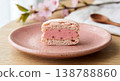 Cherry blossom macarons to celebrate springtime, presented with a visible cross-section and garnished with cherry blossoms, creating a teatime image. 138788860
