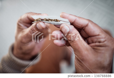 Marijuana, cannabis or hands rolling weed joint for calm peace to relax or help reduce stress or anxiety. Smoker, smoking cbd or closeup of person with hemp blunt for mental health benefits on 420 138788886