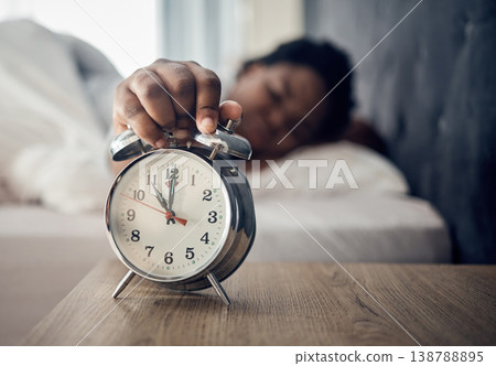 Wake up, alarm clock or woman sleeping in bed in the morning after resting pressing a snooze button. Sleepy blur, hand or tired person at home getting up from nap in bedroom ready to start a new day Wake up, alarm clock or woman sleeping in bed in the morning after resting pressing a snooze button. Sleepy blur, hand or tired person at home getting up from nap in bedroom ready to start a new day 138788895