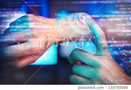 Hands. hacking and cybersecurity, hologram button and choice with malware, futuristic technology and location privacy. Data protection overlay, iot dashboard and programmer with virtual reality login Hands. hacking and cybersecurity, hologram button and choice with malware, futuristic technology and location privacy. Data protection overlay, iot dashboard and programmer with virtual reality login 138788898