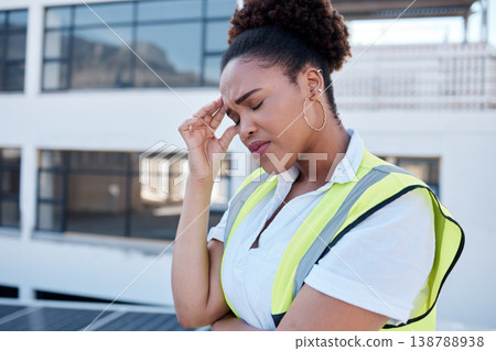 Face, sad and woman in construction with headache at renovation site, civil engineering mistake and stress. Confused, tired and frustrated african contractor with burnout, crisis and problem in city Face, sad and woman in construction with headache at renovation site, civil engineering mistake and stress. Confused, tired and frustrated african contractor with burnout, crisis and problem in city 138788938