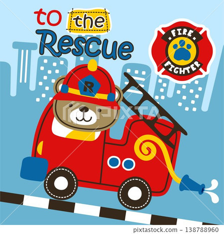 Vector cartoon of cute bear driving fire truck on buildings background Vector cartoon of cute bear driving fire truck on buildings background 138788960