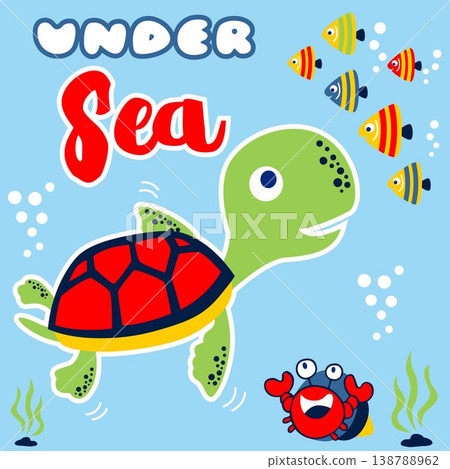 Vector cartoon of turtle with fish and hermit crab undersea Vector cartoon of turtle with fish and hermit crab undersea 138788962