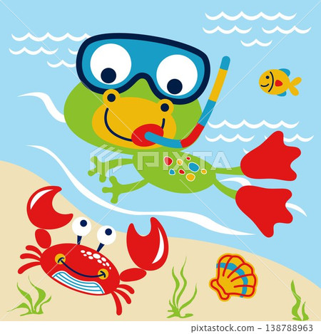 Vector cartoon of frog in diving goggles swimming with marine animals Vector cartoon of frog in diving goggles swimming with marine animals 138788963