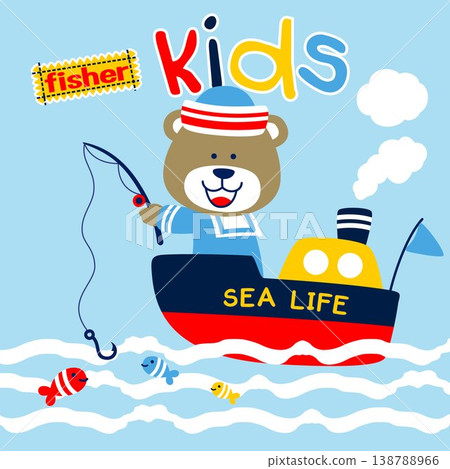 Cute bear in sailor costume fishing on boat, vector cartoon illustration Cute bear in sailor costume fishing on boat, vector cartoon illustration 138788966