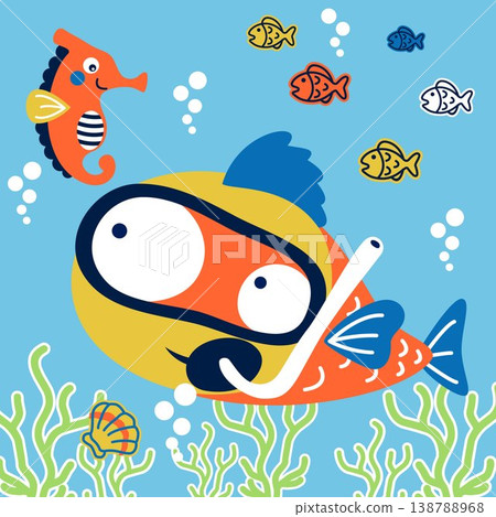 Big fish in diving goggles with seahorse and little fish undersea, vector cartoon illustration 138788968