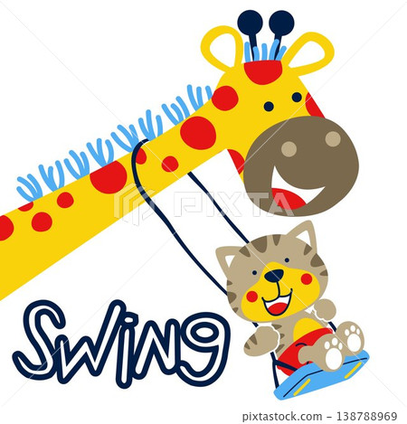 Cute cat playing swing in giraffe's neck, vector cartoon illustration 138788969