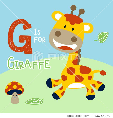 Cute giraffe with it name, smiling mushroom,  vector cartoon illustration 138788970