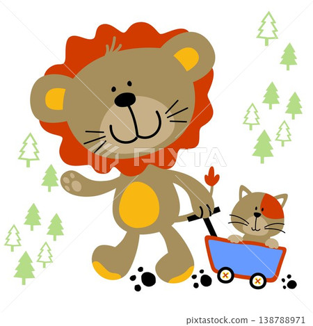 Cute lion pulling a cat on cart, vector cartoon illustration Cute lion pulling a cat on cart, vector cartoon illustration 138788971