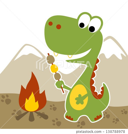 Dinosaur roasting meat on mountains background, vector cartoon illustration Dinosaur roasting meat on mountains background, vector cartoon illustration 138788978