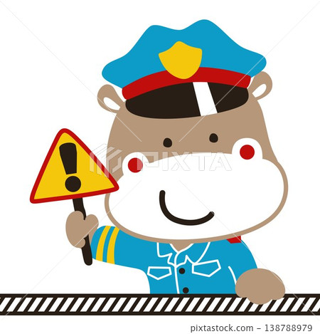 vector cartoon of hippopotamus in police costume holding road sign vector cartoon of hippopotamus in police costume holding road sign 138788979